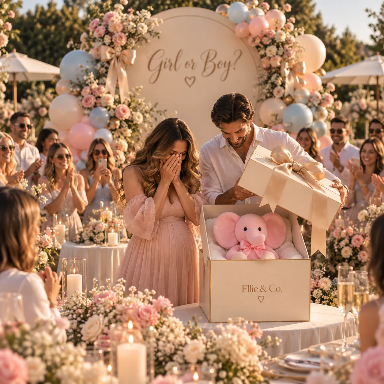 Розово слонче Ellie в подаръчна кутия на gender reveal празник